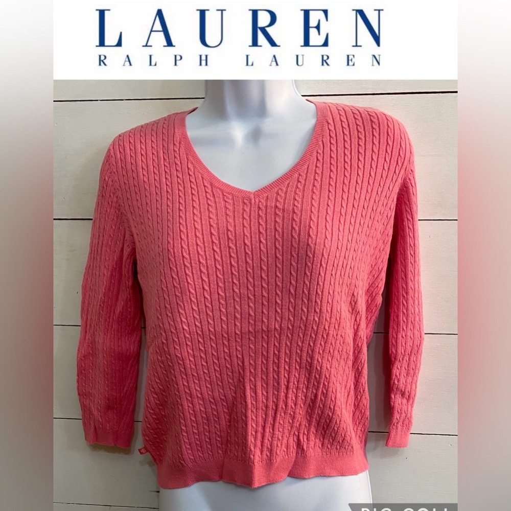 Lauren Ralph Lauren Petite Women’s Size P/M Pink‎ 100% Cotton Cable Knit V Neck